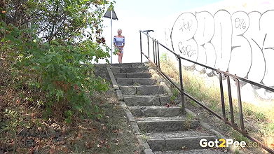 Blonde babe Julia Parker suffers pee desperation