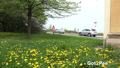 Blonde babe relieves herself in public piss video