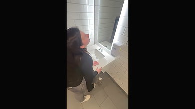 Cute Girl Blowjob and Fuck in Public Washroom