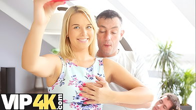 Beauty with saggy tits cheats on resting BF with his excited stepdad