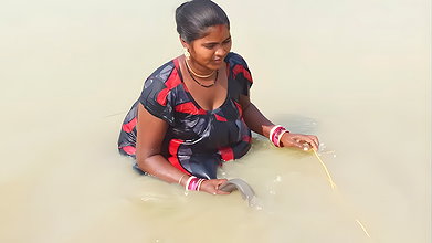 Amazing Lady fishing in village with bare hand and