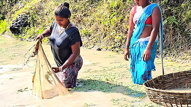 Amazing Village Women Net Fishing in Muddy Water