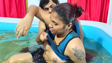 Hot pool romance with boobs press and ass romance