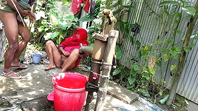 I fucked my village stepsister outside while she was taking a bath