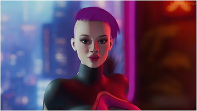 Sexy cyberpunk girl with big tits gets huge cumshot on her face after anal