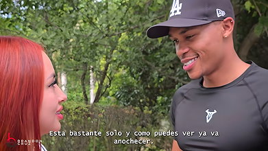 A strange redhead milks me in an outdoor park – Brandon Cruz & Andrea Castro