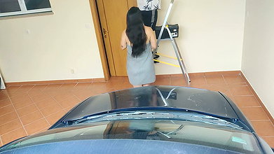 Naughty wife fucks electrician next to her husband
