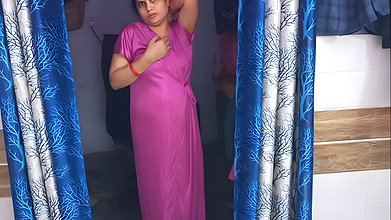 Cute Indian couple secretly having sex in red nightie