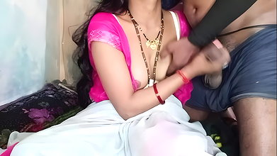 Hot Indian aunty pressed her big tits and got great pleasure by massaging her step son’s penis