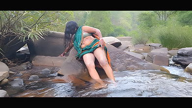 Telugu sexy Silk aunty outdoor waterfall bathing, telugu Dirty talks