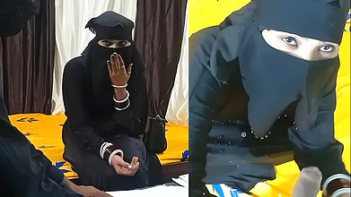 Pretty girl in hijab playing with officer’s cock for signature