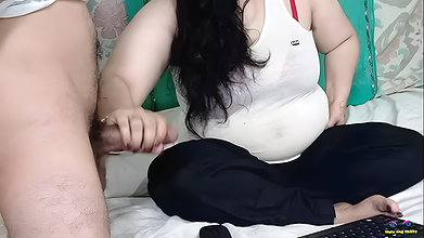 Netu gives a handjob with her sexy hands to friend, then he rubs his cock in hairy armpits while performing live