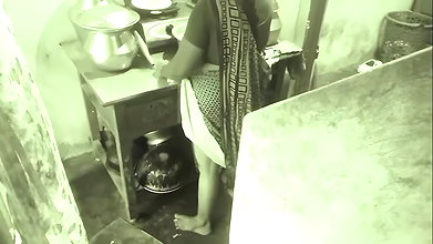 Husband presses breasts while Aunty Dinner is doing