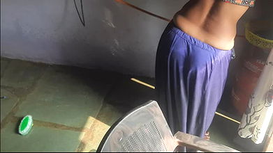 Stepsister in petticoat blouse cleaning the house and insisting to get rid of stepbrother