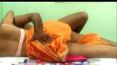 Indian Traditional Married Woman Orange Colour Saree Bed Romance