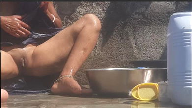 Stepsister is taking a bath naked in the bathroom open outside Finger fingering in pussy Stepsister