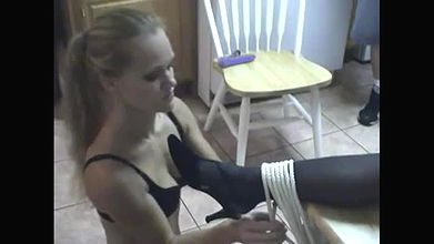 Sensational blonde with amazing tight body tied her brunette GF to the table