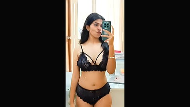 Beautiful Teasing In Black Bra And Panty Showing Squeezing Big Round Boobs