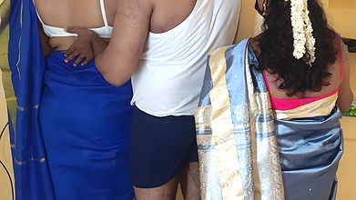 Housewife and maid threesome in living room