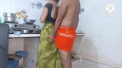 Wife chatting husband kitchen sex