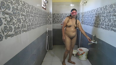 South Indian Maid Cleaning Bathroom and Showering Cam