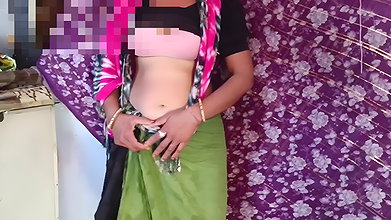 The father-in-law is secretly watching the Indian daughter-in-law cleaning the house in a petticoat, blouse, bra, daughter-in-law is fingering her pussy, yearning for a cock