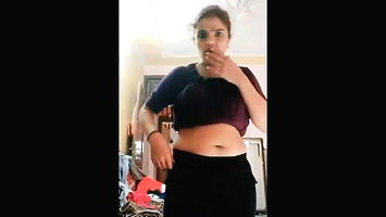 desi Chubby aunty Big Deep Navel in grey tshirt and black pants
