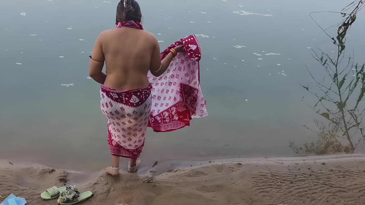 Indian Village Wife Bathing in the River in Outdoor Area