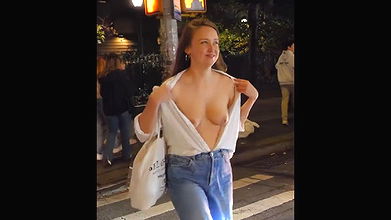 Beautiful Chick Crossing Road being Topless
