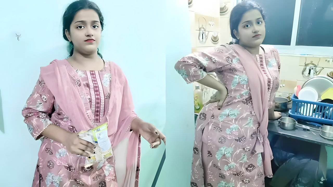 Maid aunty was sick so she sent her virgin step-daughter for work today