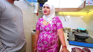 My Hijabi muslim stepmom takes help from my Teacher for exam, teacher fucked hard my stepmom in kitchen with Clear Hindi Audio